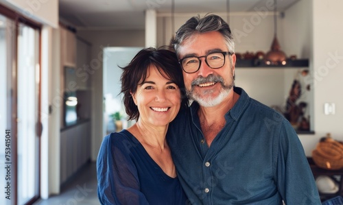 Mature Couple Embracing in a Cozy Home Kitchen During Daytime