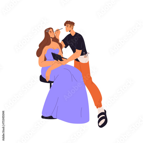 Professional visagiste applying eyeshadows, cosmetics on model. Makeup stylist creates fashion make up with tools. Trendy profession in vogue. Flat isolated vector illustration on white background