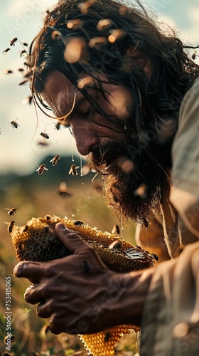 Strongest man Samson eating honey, Bible character.