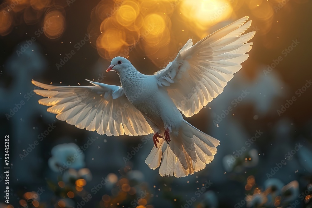 A dove flying over a christian cross. - obrazy, fototapety, plakaty 