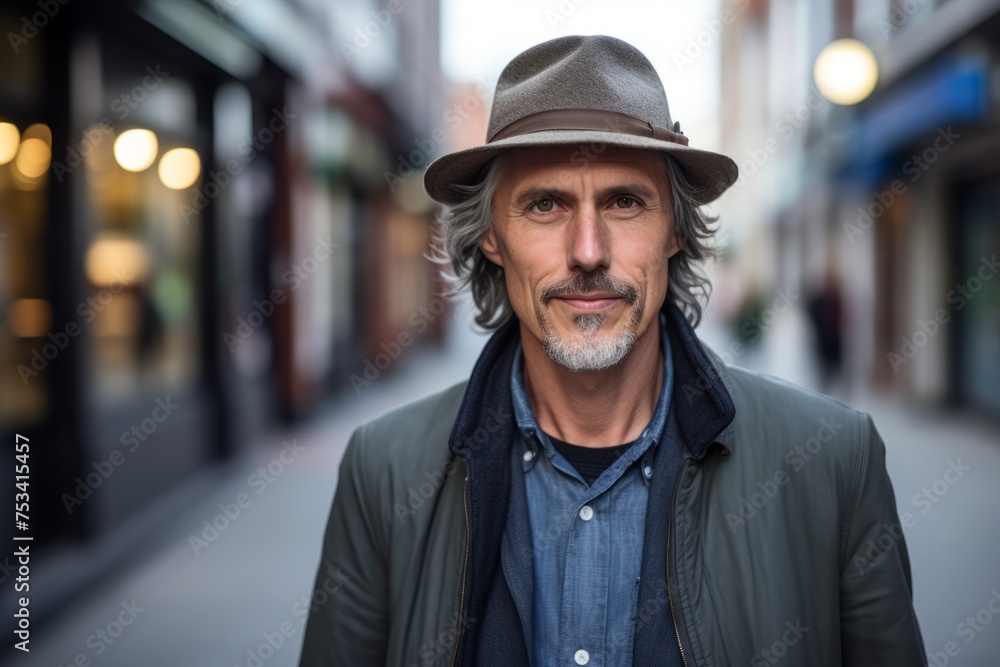 Handsome middle-aged man wearing a hat on a city street. Handsome middle-aged man wearing a hat on a city street.