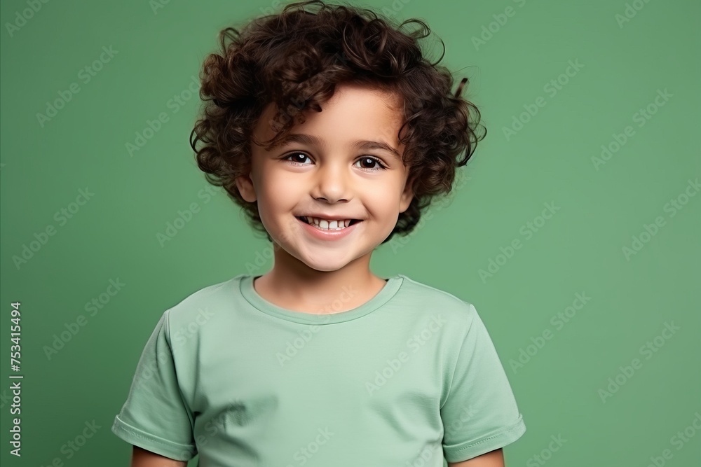 Portrait of a cute little boy with curly hair against green background Portrait of a cute little boy with curly hair against green background