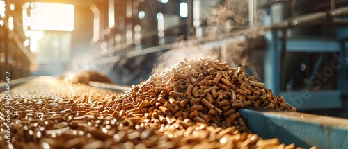 In power plant boilers, wood pellet biomass is combined with coal to burn fuel and produce steam and electricity against blurry backdrop, Generative AI.