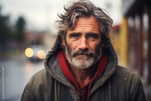 Portrait of an old man with gray hair and beard in the city.