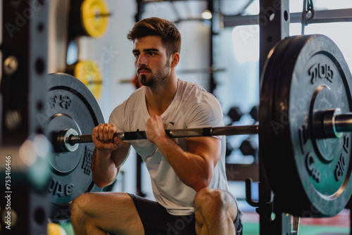 Male athlete doing barbel back squat exercise while working out at gym