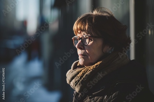 Portrait of a senior woman with glasses in the city street.