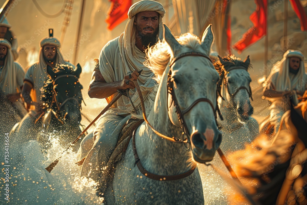 Naklejka premium Egyptian soldiers ride into the Red sea with horses.