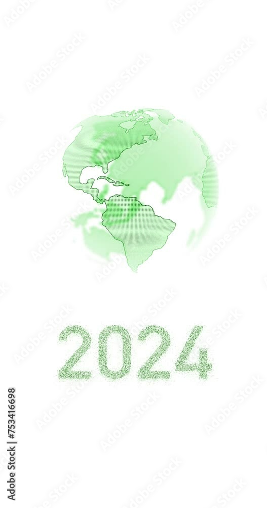 Green earth planet with year 2024 isolated on white vertical loop background. Green earth planet with year 2024 isolated on white vertical loop background.
