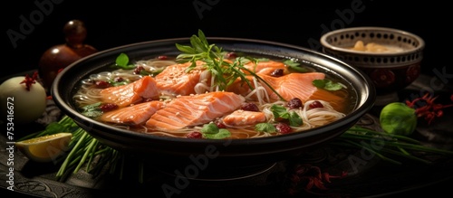 japanese cuisine. japanese udon noodles with salmon