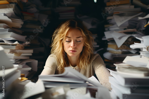 Tired young woman surrounded by stacks of paperwork