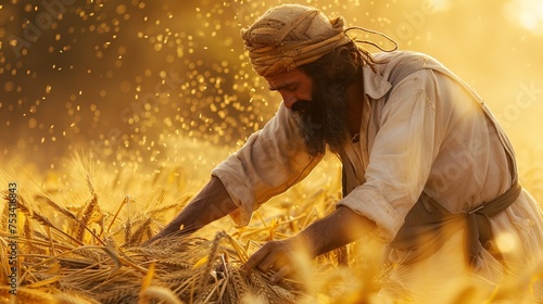 Gideon threshing wheat in a winepress, Bible story. photo