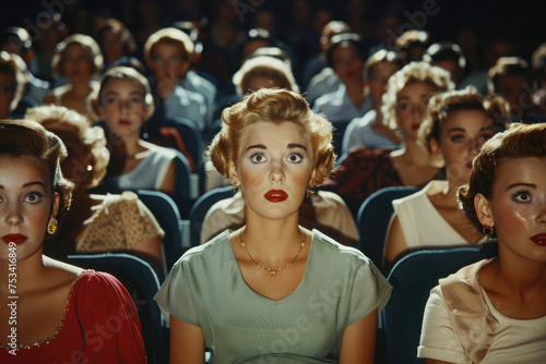 Movie audience with a young caucasian american woman central, she looks mesmerised with 1950s style