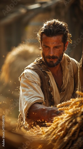 Gideon threshing wheat in a winepress, Bible story.