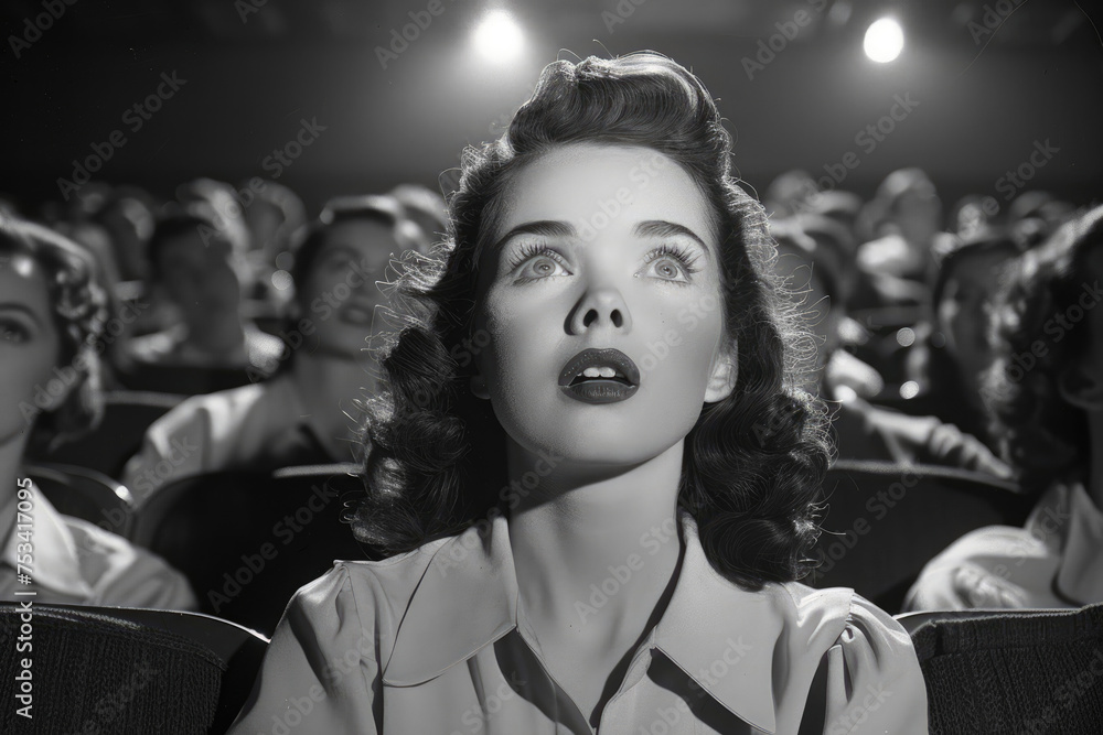 Movie audience with a young caucasian american woman central, with 1950s style