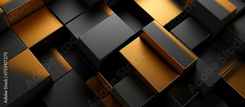 3D abstract wallpaper. abstract geometric pattern with glossy black and gold 3D blocks, creating a luxurious and modern texture