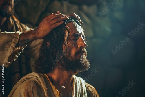Praying about man, hands is on top of his head. photo