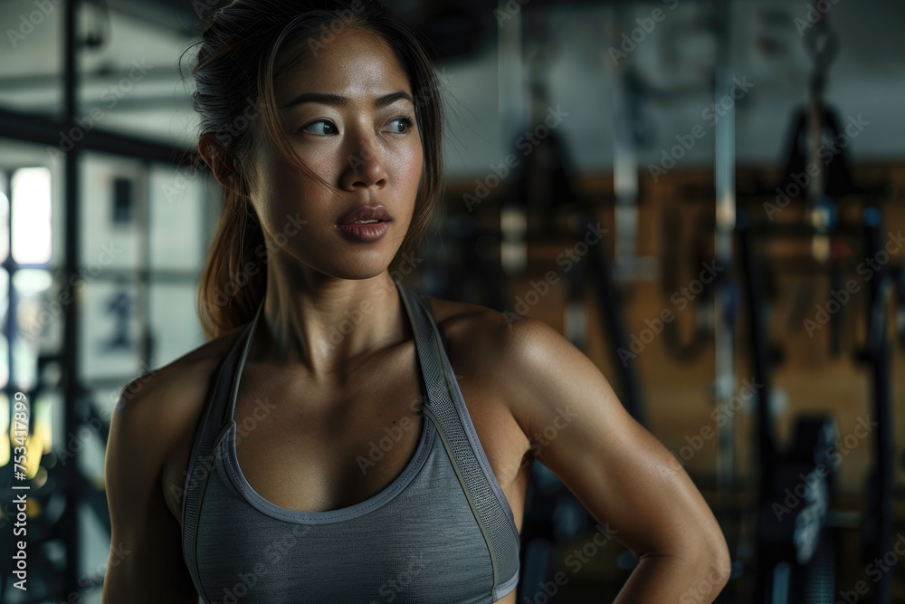 Muscular fit asian woman standing in gym, looking away from camera