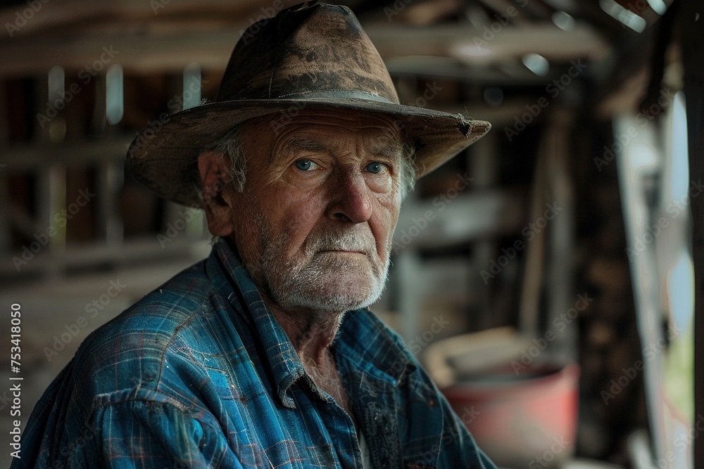 Old man in the barn with hat. Old man in the barn with hat.