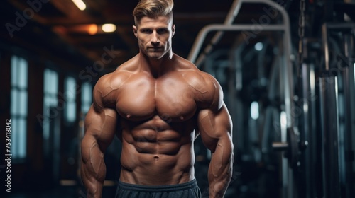 A brutal strong Man, a bodybuilder with pumped muscles, shoulders, biceps, triceps, bare torso, Abs looks at the camera in the gym. Fitness, Sports, Healthy lifestyle concepts.