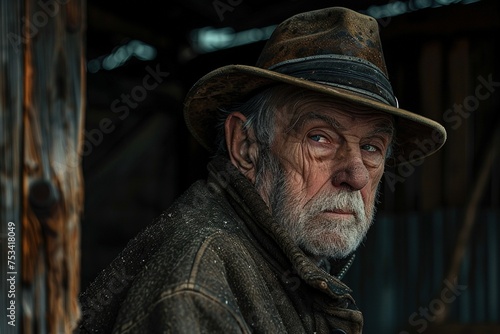 Old man in the barn with hat.