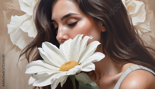 Arte digital estilo pintura al oleo de mujer cubriendo su rostro con una flor. Arte de retrato femenino, delicado. 