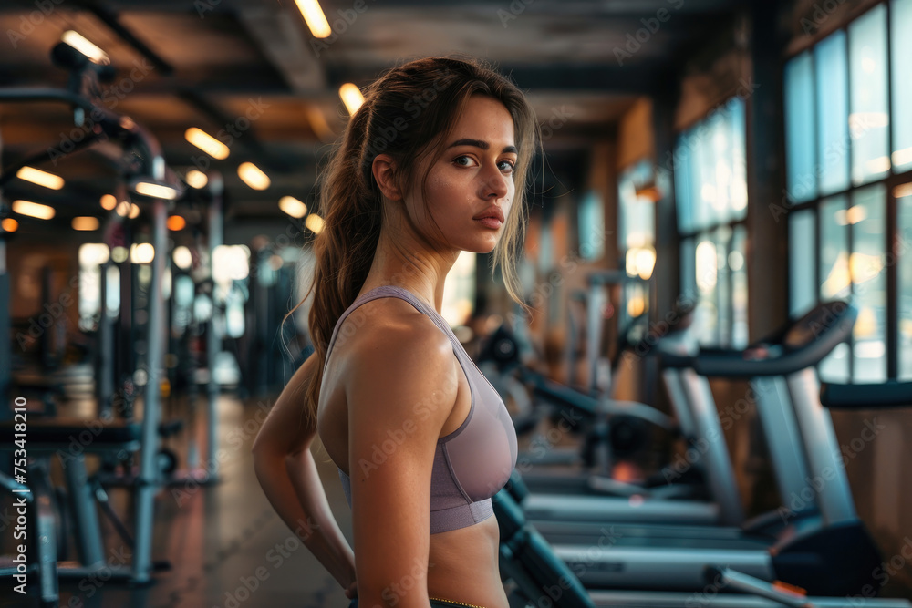 Muscular fit woman standing in gym, looking away from camera