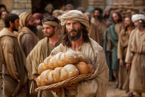 Jesus Christ feeds the poor with bread.