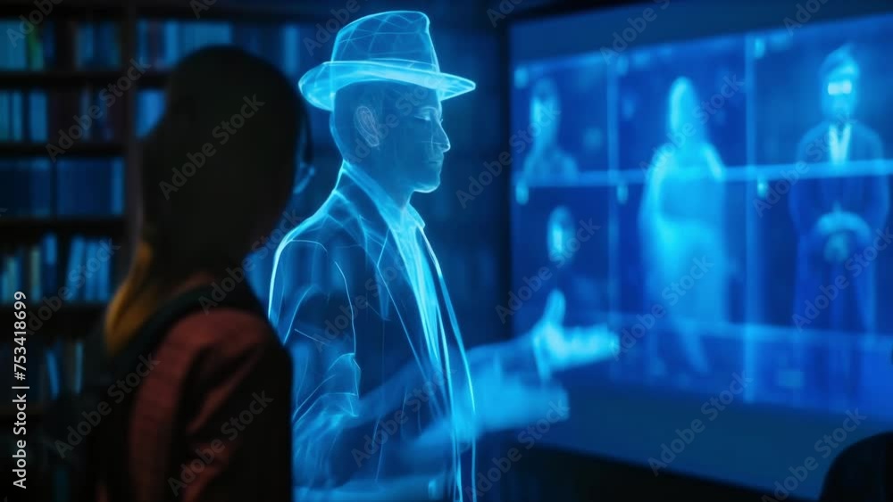 A hologram of a famous historical figure appears in the clroom connected to an IoT device that allows students to ask questions and engage in virtual conversations with the A hologram of a famous historical figure appears in the clroom connected to an IoT device that allows students to ask questions and engage in virtual conversations with the