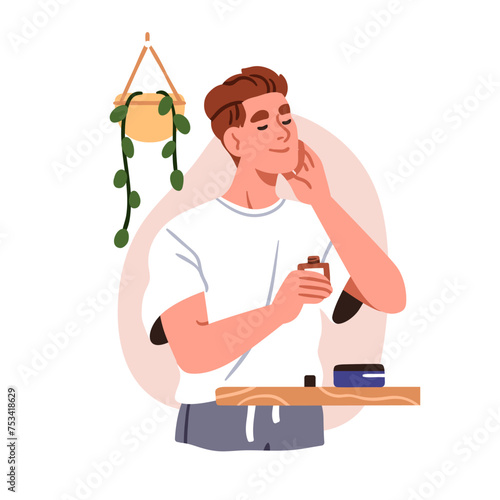 Man applying face skin care cosmetic, aftershave lotion. Male beauty routine, skincare treatment, hygiene with moisturizer, facial cream. Flat graphic vector illustration isolated on white background