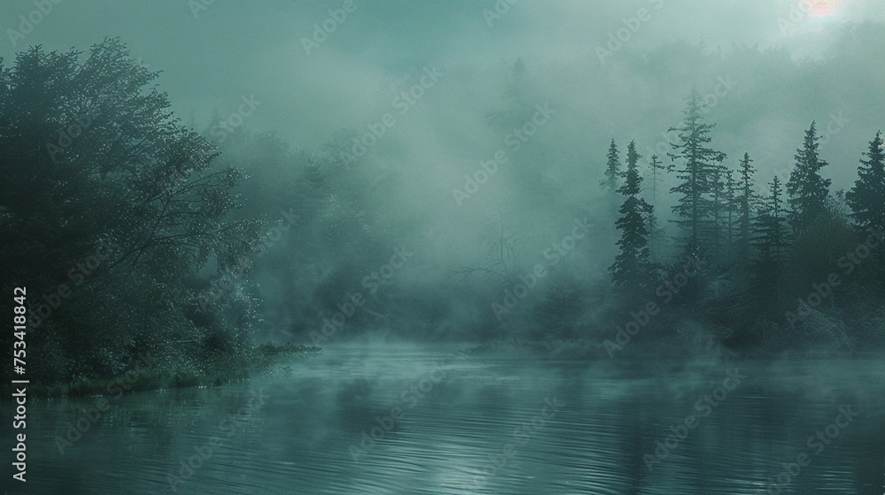 Dense fog rolling over a tranquil forest landscape.
