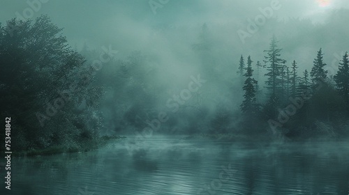 Dense fog rolling over a tranquil forest landscape. © Shahid