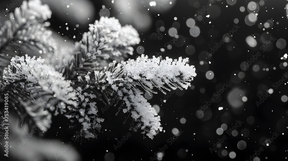Black and White Snowflakes on Pine Branches, To capture the beauty of winter and the intricate details of snowflakes on pine branches, this Black and White Snowflakes on Pine Branches, To capture the beauty of winter and the intricate details of snowflakes on pine branches, this