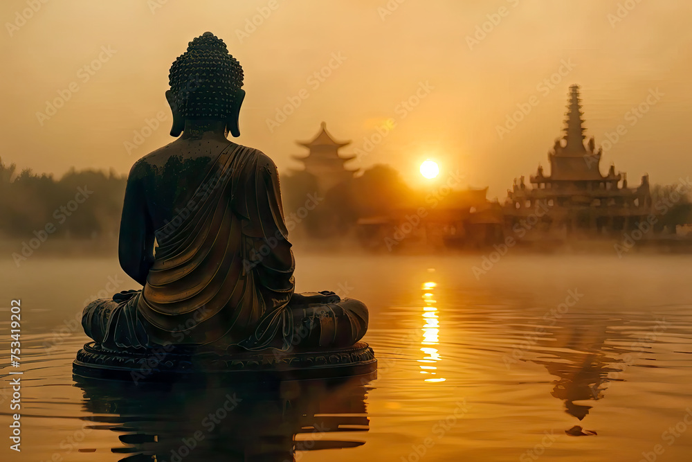 buddha statue at sunset in the lake outside the temple, generative ai - obrazy, fototapety, plakaty 