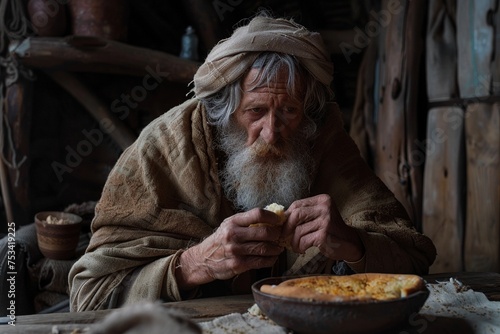 A biblical old man eats bread. photo