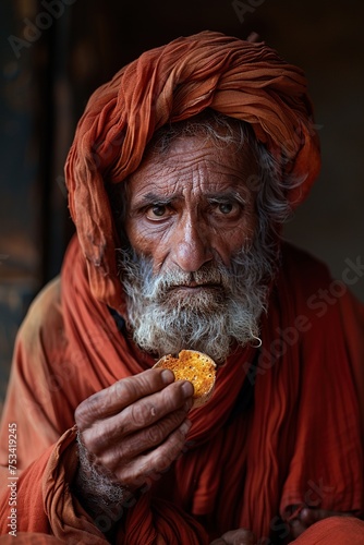 A biblical old man eats bread. photo