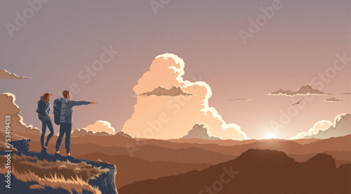 a couple observing and admiring the view on the peak of the cliff with the background of a vast landscape of hundreds of mountains 