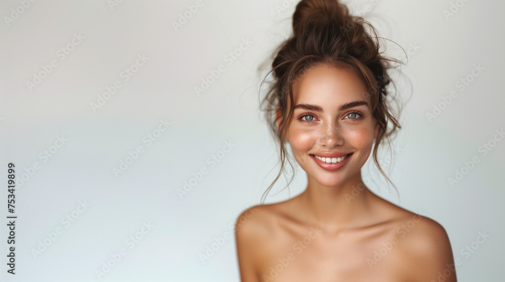 Portrait of a beautiful young white woman showcasing flawless skin and a captivating smile on a clean white background. Portrait of a beautiful young white woman showcasing flawless skin and a captivating smile on a clean white background.