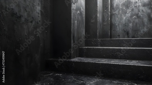 Black and White Staircase Leading to a Dark Room, To convey a sense of solitude and contemplation in a post-apocalyptic world, using the contrast of