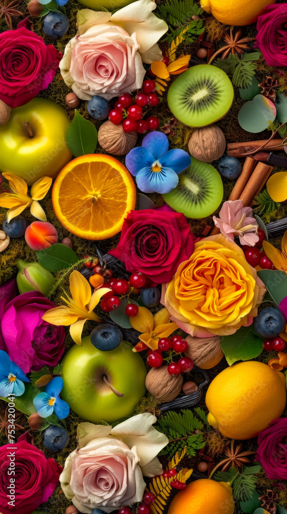 random selection of colorful flowers like roses, Jasmine, Orchid , lily some fruits like orange, lemon, peach, green apple, red berries, oak moss, vanilla pods, some spices like anise, cinnamon some n