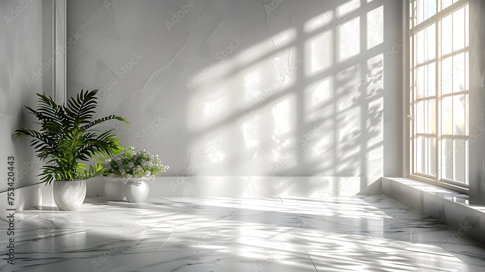 White Room with Marble Tile and Plant in Luminous Shadows White Room with Marble Tile and Plant in Luminous Shadows