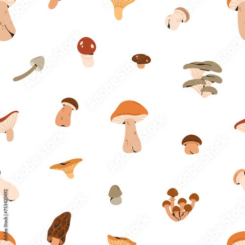 Mushrooms, seamless pattern design. Endless background, fall forest fungi. Autumn season fungus, repeating print, texture. Flat graphic vector illustration for wrapping, textile, cloth, fabric