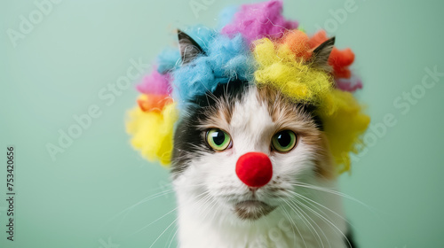 A cat in a colored wig on a green background. April Fools' Day. there is also a place for texts.