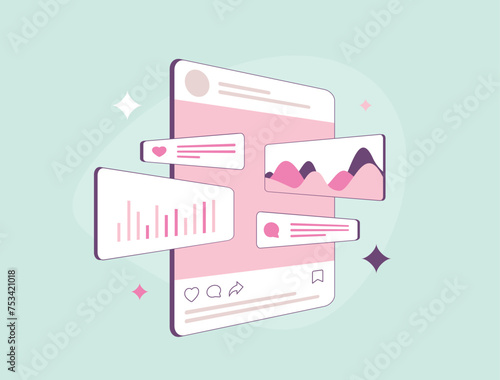 Social media marketing statistics. Insightful influencer social media analytics. Discover trends, engage audience and optimize smm strategies using powerful metrics and data visualization illustration