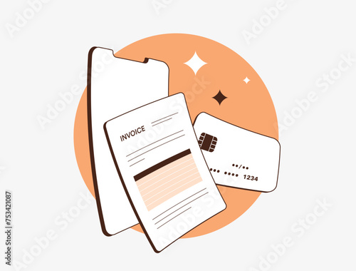 Electronic invoicing, digital financial transactions and paperless billing concepts. E-invoice isolated vector illustration on white background with icons