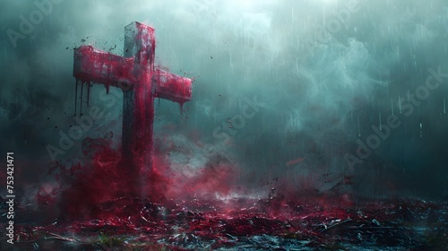 Dark Cyan and Crimson Cross in Rainy Apocalypse Landscape, This image can be used to convey a sense of chaos, destruction, and drama, while also