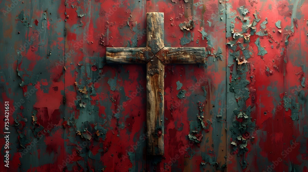 Rusty Wall with Wooden Cross, This image can be used to convey a sense of religious devotion or to add a touch of Christian art and architecture to a