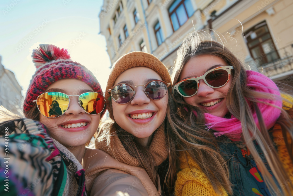 cute young girls friends having fun together, taking a selfie at the city