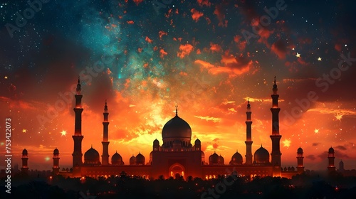 Vibrant and Illuminated Mosques at Night with Fireworks, To convey a sense of celebration, spirituality, and cultural heritage in a unique and photo