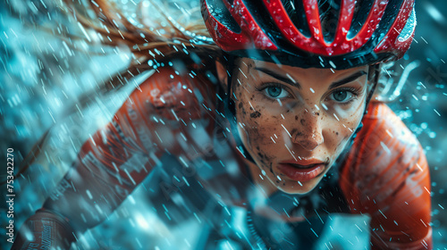 A female cyclist gives her all in a final sprint, fiercely competing in a high-speed race, with motion blur emphasizing the intensity.
