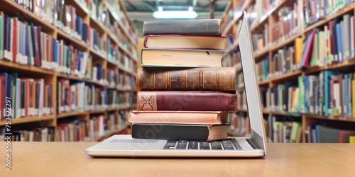 Stack books on laptop in library, online resources